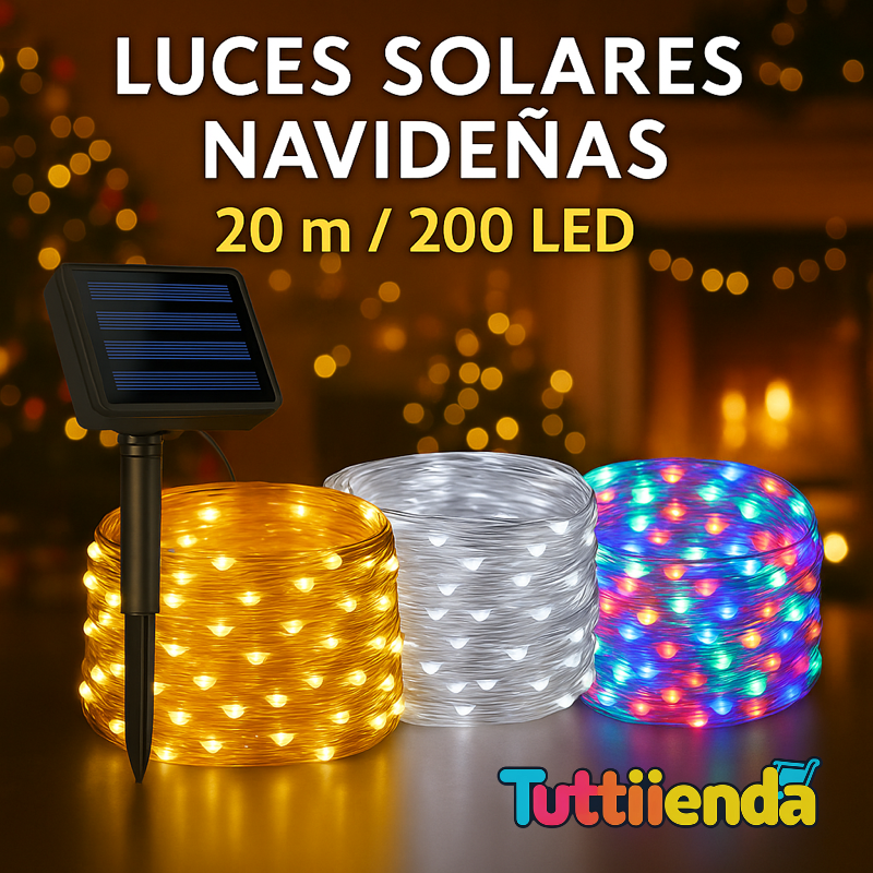 Luces Solares Navideñas 20 mts (200 LED) - Amarillo/Blanco/Multicolor